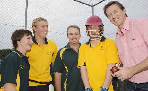 Former Australian Test fast bowler Glenn McGrath shares a few tips yesterday with Jacob Doohan, Matt Barber, Michael Wood and Zac Clark. Former Australian Test fast bowler Glenn McGrath shares a few tips yesterday with Jacob Doohan, Matt Barber, Michael Wood and Zac Clark.